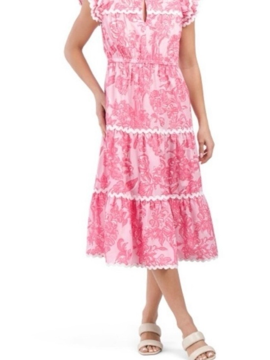 Sail to Sable Dresses & Skirts - Sail to Sable STS Pink Floral Tiered Midi Dress with white ric rac trim